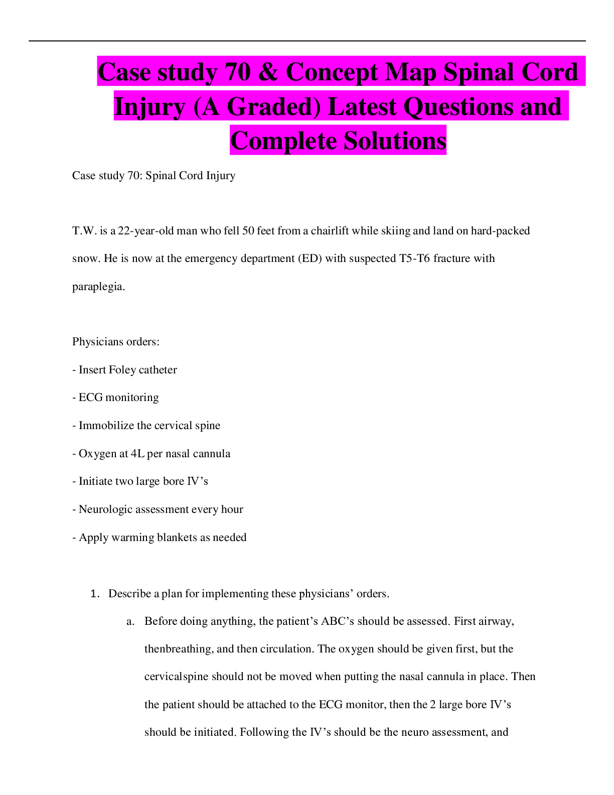 Preview of Case study 70 & Concept Map Spinal Cord Injury (A Graded) Latest Questions and Complete So
